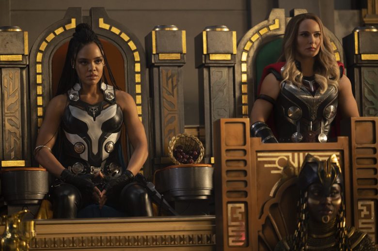 (L-R): Tessa Thompson as Valkyrie and Natalie Portman as Mighty Thor in Marvel Studios' THOR: LOVE AND THUNDER. Photo by Jasin Boland. ©Marvel Studios 2022. All Rights Reserved.