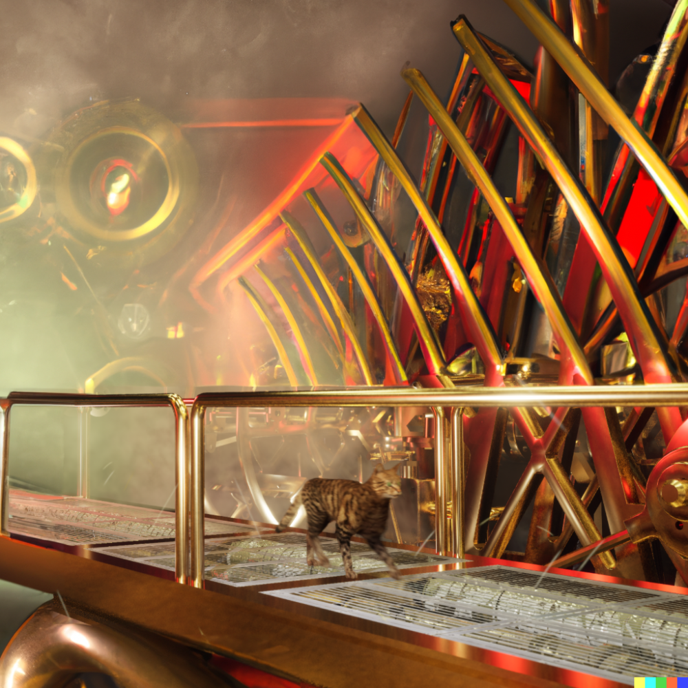 DALL·E 2022-08-16 06.36.05 - a cat walking down a gold catwalk surrounded by gold gears with r...png